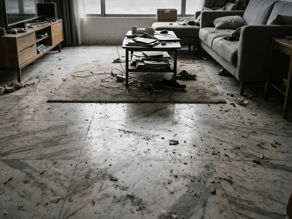 dirty living room floor before cleaning