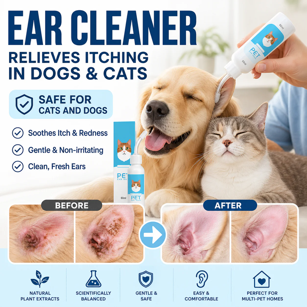 Before and after pet ear cleanser for dogs and cats